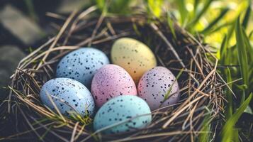 AI generated A bunch of eggs that are sitting in a basket with some grass on the side of the eggs are blue, pink, yellow, and white with speckles and speckles on them photo