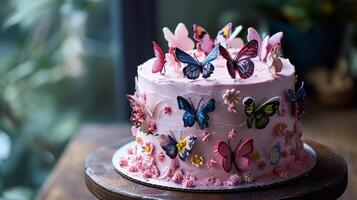 AI generated A cake with butterflies on it and pink icing photo