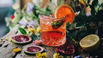 AI generated A glass filled with a drink next to sliced fruit and flowers photo