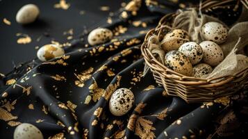 AI generated A basket filled with small speckled eggs on top of a black tablecloth covered tablecloth with gold flecks on it and a black background photo