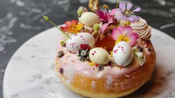 AI generated A decorated doughnut with bunnies, eggs, and flowers photo