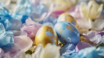 AI generated Colored Easter eggs on a background of flower petals, spring composition. Soft yellow- gold blue and white colors, pink and blue petals photo