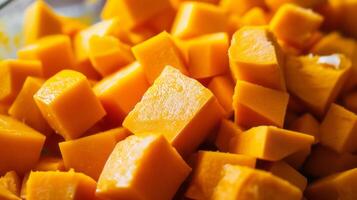 AI generated Roughly cut in cubes frozen butternut squash background photo