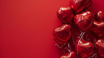 AI generated Heart shaped balloons on red background, flat lay with space for text. Saint Valentine's day celebration photo