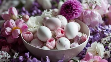 AI generated A bowl filled with lots of white and pink eggs surrounded by pink and purple flowers on top of a bed of purple and white flowers photo