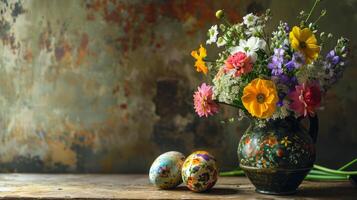 AI generated A vase filled with lots of colorful flowers next to two decorated eggs photo