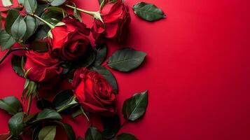 AI generated Red roses flower on red background. Copy space. Flower frame. Top view. High quality photo