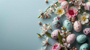 AI generated Floral oval adorned with Easter eggs and flowers, viewed from above. Minimalist pastel background with space for text photo