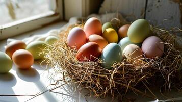 AI generated A nest filled with different colored eggs on top of a white table next to a pile of straw on top of a white surface photo