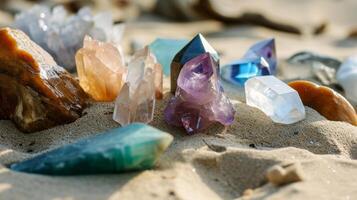 AI generated Group of healing crystals on a sand photo