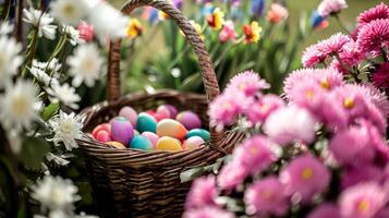 ai generado un cesta lleno con un montón de vistoso huevos en parte superior de un cama de rosado y blanco flores siguiente a rosado y blanco flores foto