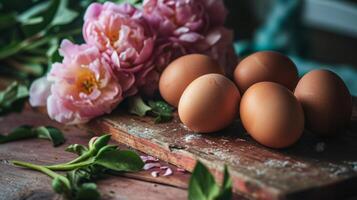 AI generated A bunch of eggs sitting on top of a table next to flowers photo