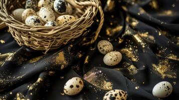 AI generated A basket filled with small speckled eggs on top of a black tablecloth covered tablecloth with gold flecks on it and a black background photo