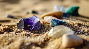 AI generated Group of healing crystals on a sand photo