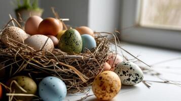 AI generated A nest filled with different colored eggs on top of a white table next to a pile of straw on top of a white surface photo