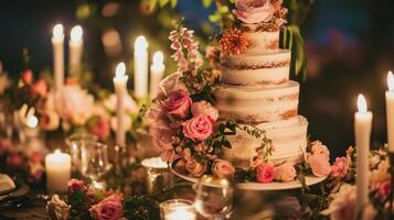 AI generated A three tiered cake with pink flowers on top of a table with candles and flowers on the side of the cake and on the other side of the cake photo