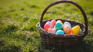 AI generated A basket full of colorful easter eggs on a green lawn photo