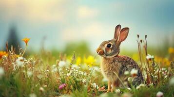 AI generated A rabbit sitting in a field of flowers with a sky background photo