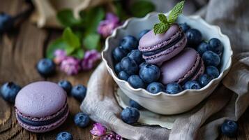 AI generated A bowl of blueberries and macaroons on a table photo