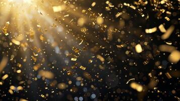 AI generated Shimmering gold confetti flying on dark background photo