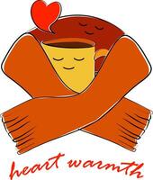 A wool scarf hugs a cup of hot drink. Love, tenderness, warmth. Text Hearts warmth. vector