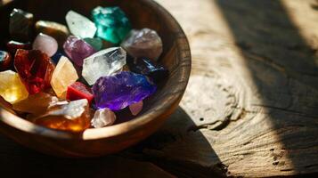 AI generated Variety of colourful healing crystals inside wooden bowl with sunlight and shadows with copy space photo