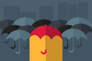 A red umbrella with a yellow light inside among a crowd of the same type of umbrellas. It's raining in a dark city vector