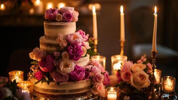 AI generated A three tiered cake with pink flowers on top of a table with candles and flowers on the side of the cake and on the other side of the cake photo