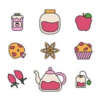 Collection of icons Tea Party - food and drink. Muffins, tea, jam. Rosehip and apple. Vector illustration