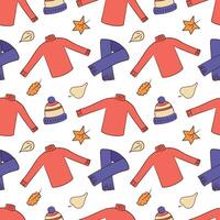 Seamless pattern of autumn warm clothes - hat, scarf and sweater. Autumn leaves. Pattern on a white background vector
