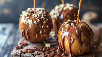 AI generated Caramel apples with caramel drizzle and chocolate drizzle on them, one with a caramel drizzle and one with a drizzle on top, the other with caramel photo