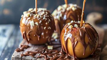 ai generado caramelo manzanas con caramelo llovizna y chocolate llovizna en a ellos, uno con un caramelo llovizna y uno con un llovizna en arriba, el otro con caramelo foto