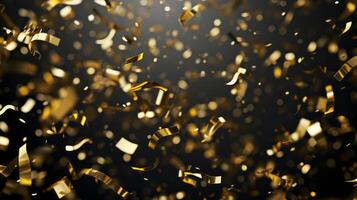 AI generated Shimmering gold confetti flying on dark background photo