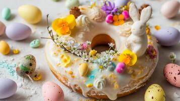 AI generated A decorated doughnut with bunnies, eggs, and flowers photo