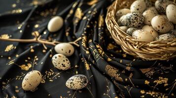 AI generated A basket filled with small speckled eggs on top of a black tablecloth covered tablecloth with gold flecks on it and a black background photo