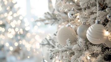 AI generated White decorations on white Christmas tree with copy photo