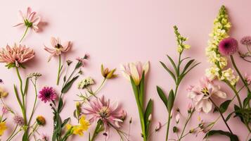 ai generado bandera con flores en ligero rosado antecedentes. saludo tarjeta modelo para boda, madres o mujeres día. primavera composición con Copiar espacio. plano laico estilo foto