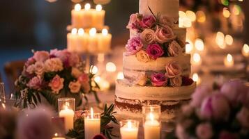 AI generated A three tiered cake with pink flowers on top of a table with candles and flowers on the side of the cake and on the other side of the cake photo