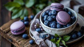 AI generated A bowl of blueberries and macaroons on a table photo