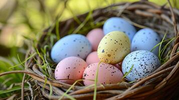 AI generated A bunch of eggs that are sitting in a basket with some grass on the side of the eggs are blue, pink, yellow, and white with speckles and speckles on them photo