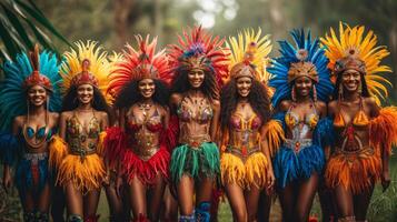 ai generado grupo de hermosa africano americano mujer en tradicional disfraz con plumas bailando en el naturaleza. foto