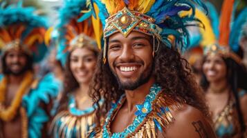 ai generado retrato de un grupo de bailarines a un carnaval en Brasil foto