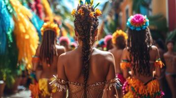 AI generated Rear view of a young woman with dreadlocks dancing in a colorful costume. photo
