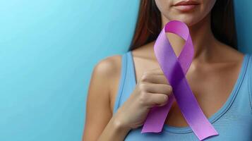 AI generated Woman holding purple ribbon on blue background, closeup. Cancer awareness concept. photo
