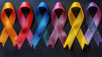 AI generated World cancer day. Colorful awareness ribbons for supporting people living and illness. Healthcare and medical concept photo