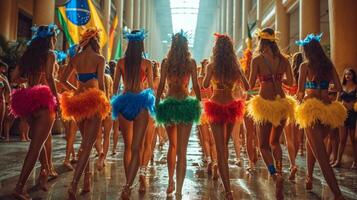 AI generated Rear view of beautiful young women in brazilian carnival costumes dancing in the rain. photo