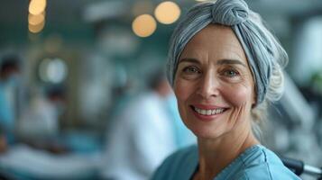 AI generated Portrait of smiling senior woman with turban looking at camera in hospital. photo