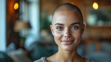 ai generado retrato de hermosa joven calvo mujer sonriente y mirando a cámara en café foto