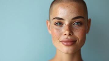 AI generated Portrait of beautiful young bald woman with freckles on her face, headshot. photo
