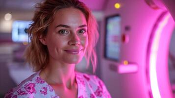 AI generated Portrait of a beautiful young woman at MRI cabinet with pink lights. photo